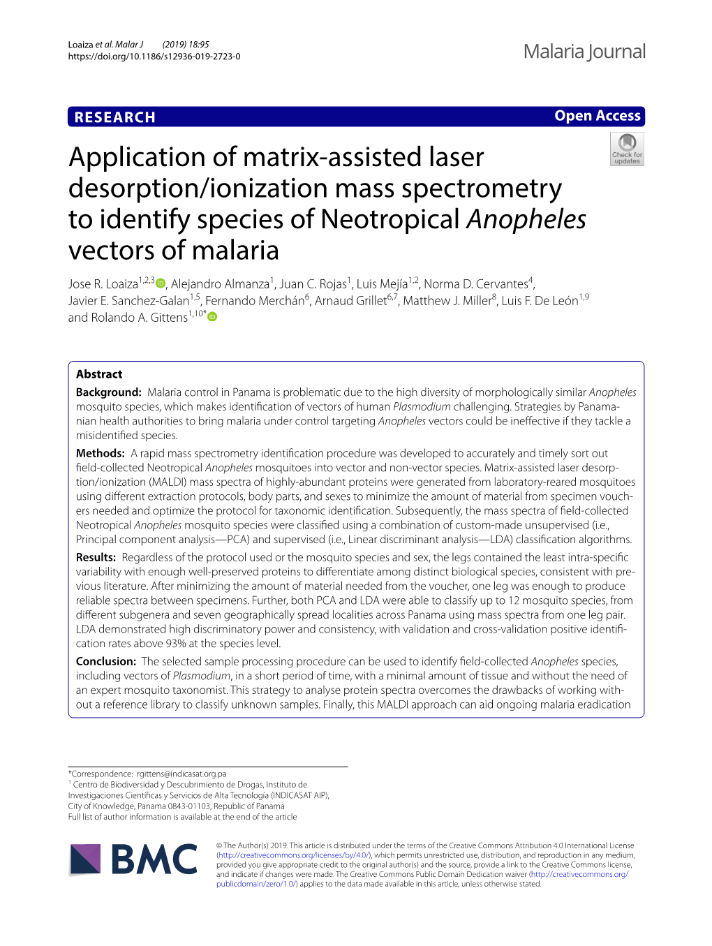 Application of Matrix-Assisted Laser Desorption/Ionization Mass Spectrometry to Identify Species of Neotropical Anopheles Vector