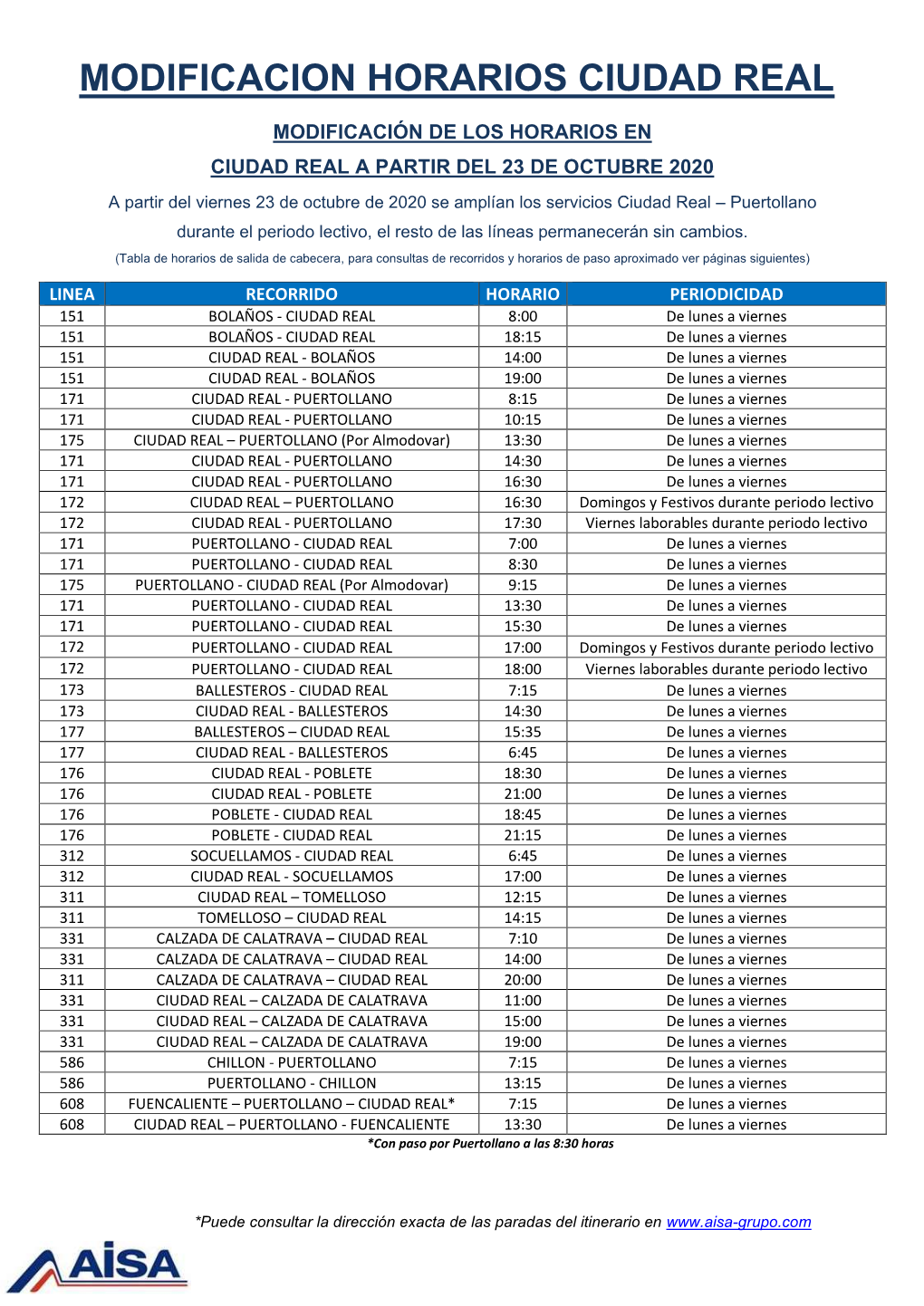 Modificacion Horarios Ciudad Real