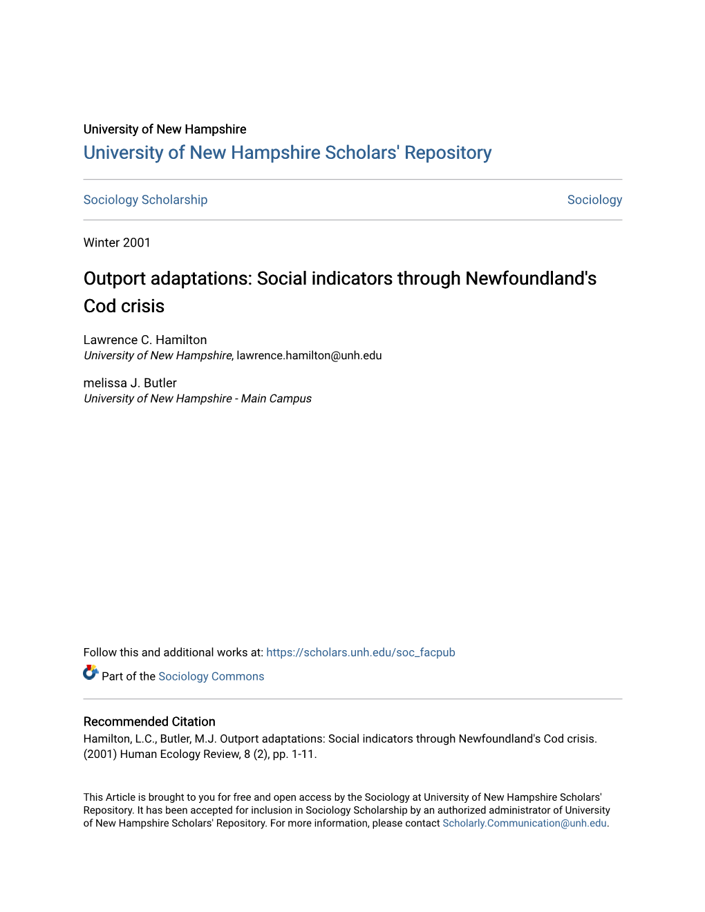 Outport Adaptations: Social Indicators Through Newfoundland's Cod Crisis