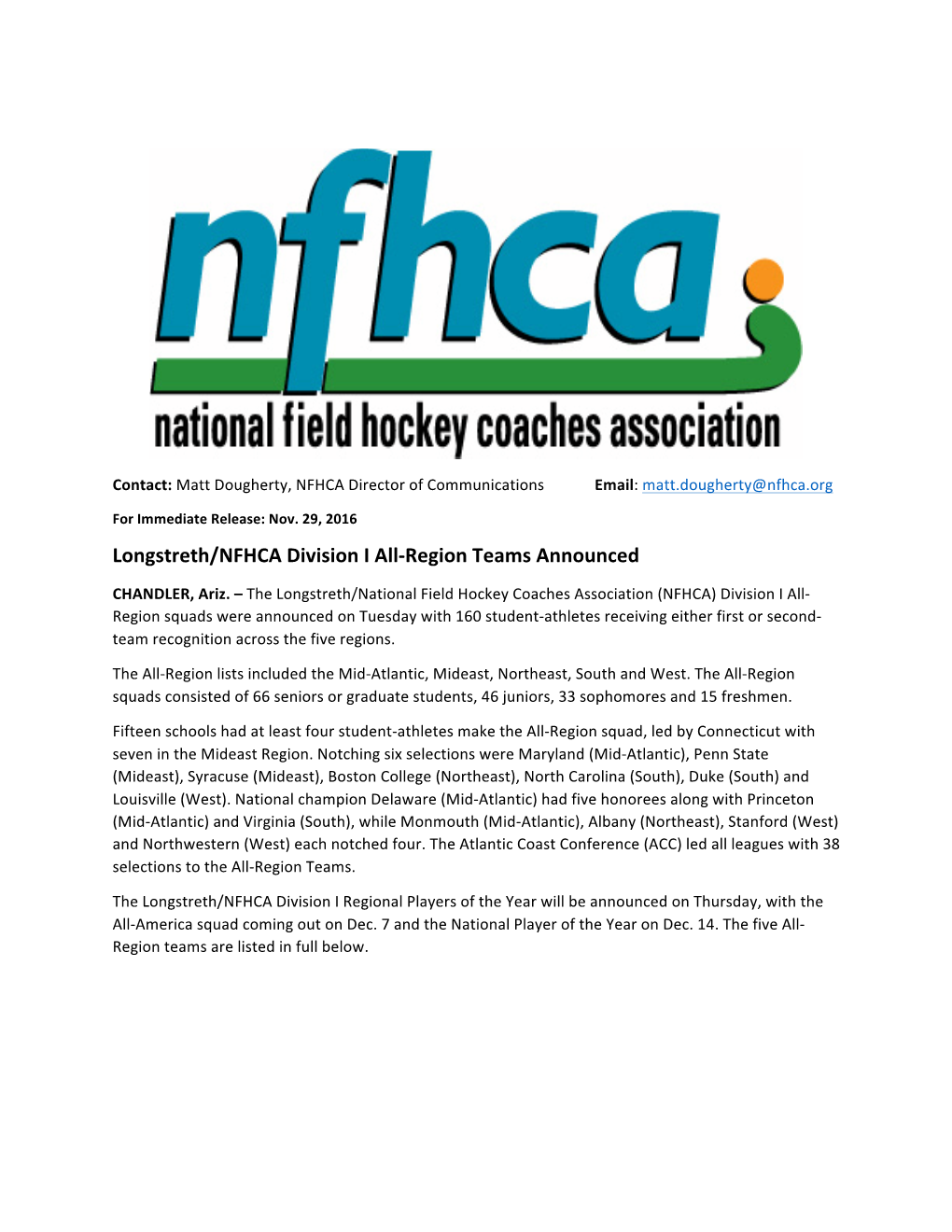 Longstreth/NFHCA Division I All-Region Teams Announced