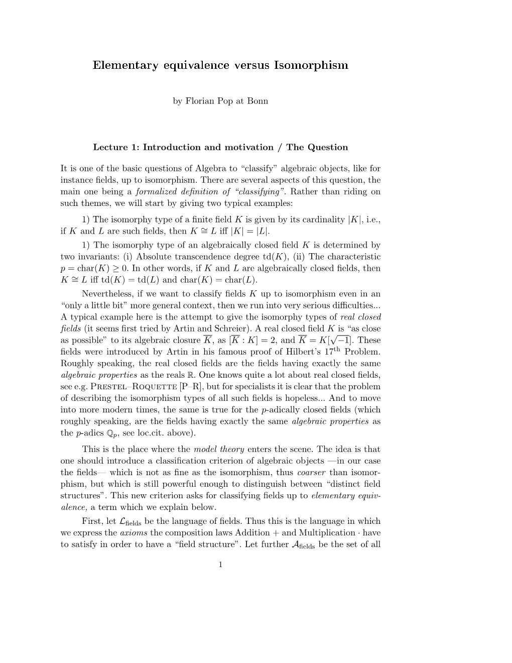 Elementary Equivalence Versus Isomorphism