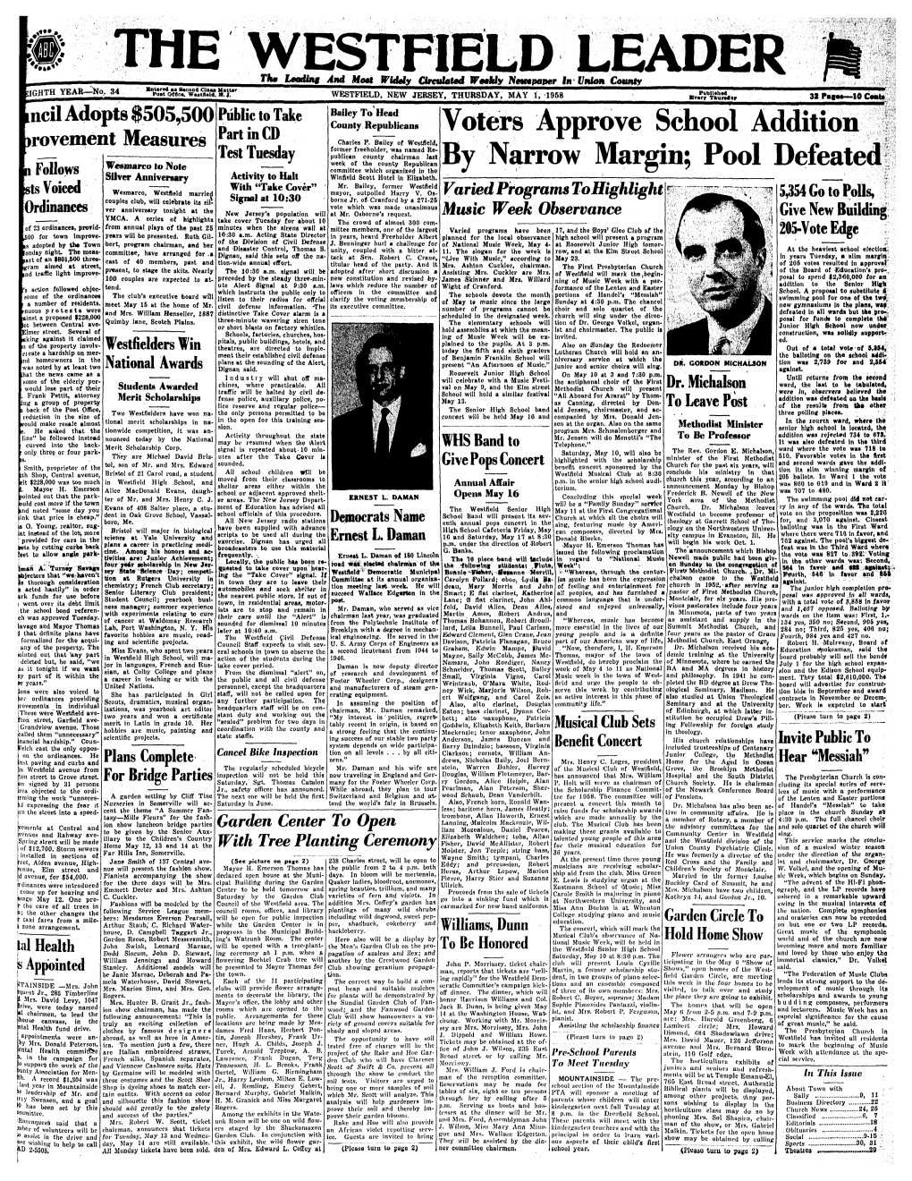 WESTFIELD LEADER EIGHTH YEAB-^No, 34 Kour«4 >• Second Clua Matter Tib* Leading and Moat Widely Circulated Weekly Nmnmmer in Union Count* Poit Otflc*