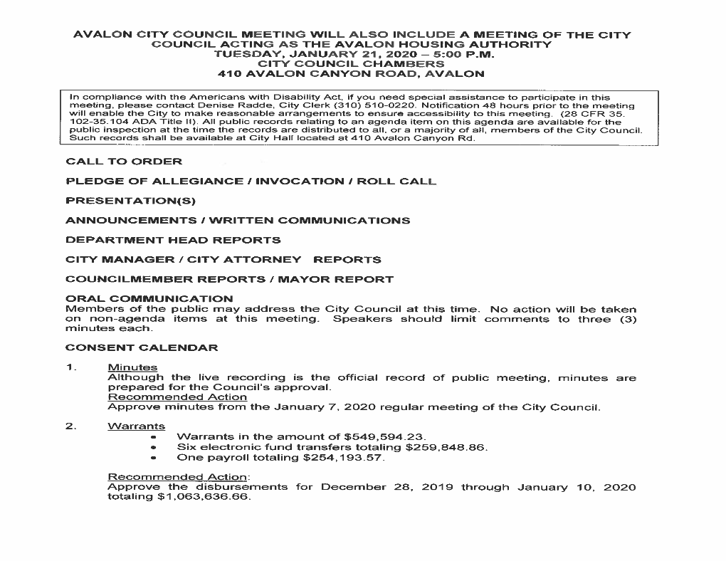 Avalon City Council Meeting Will Also Include a Meeting of the City Council Acting As the Avalon Housing Authority Tuesday, January 21, 2020— 5:00 P.M