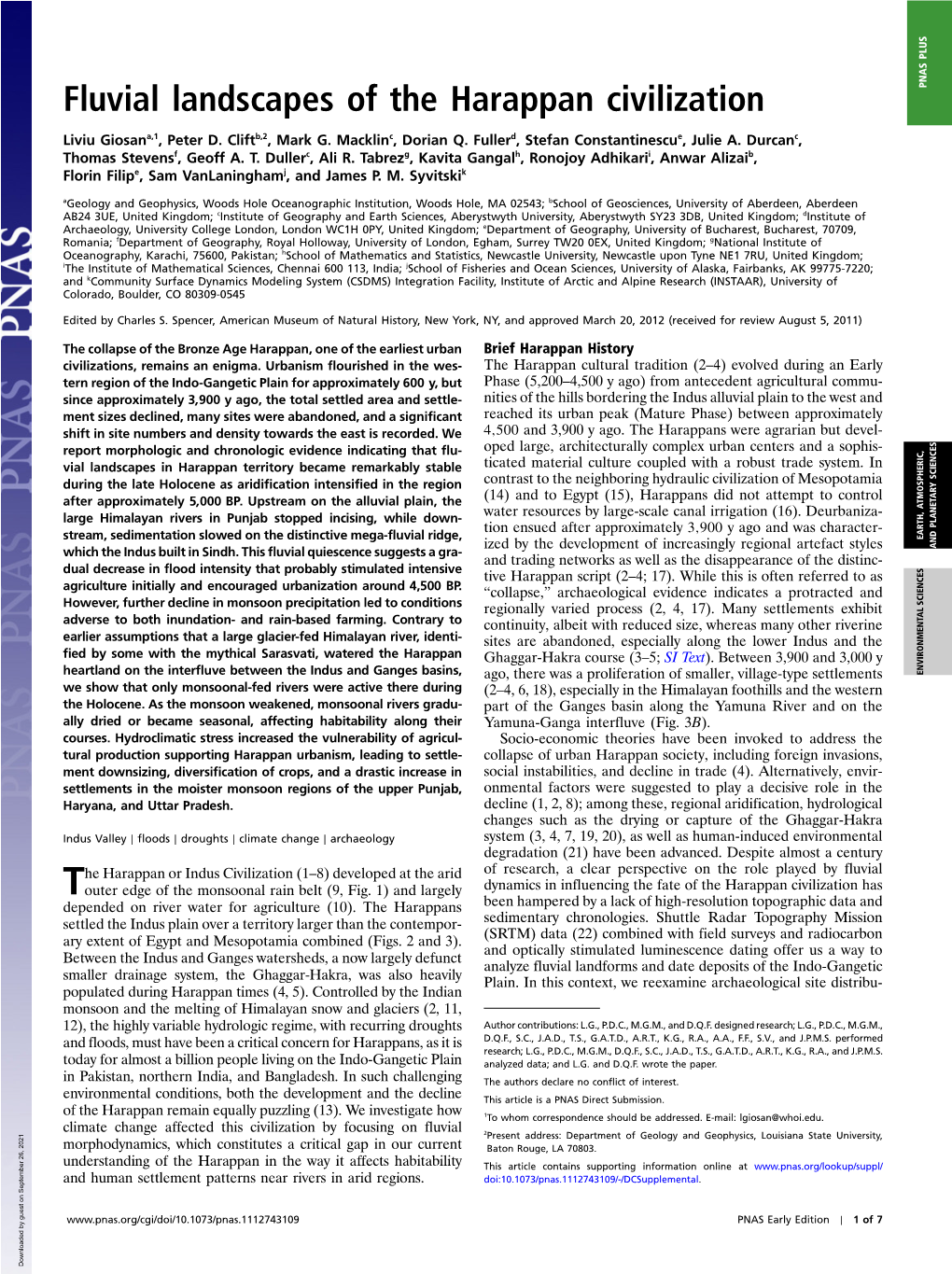 Fluvial Landscapes of the Harappan Civilization PNAS PLUS