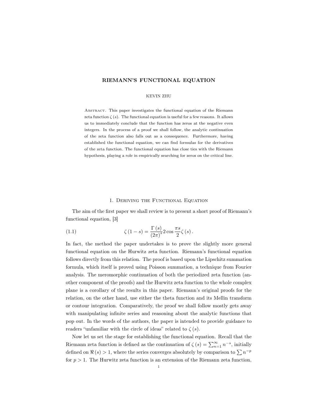 RIEMANN's FUNCTIONAL EQUATION 1. Deriving The