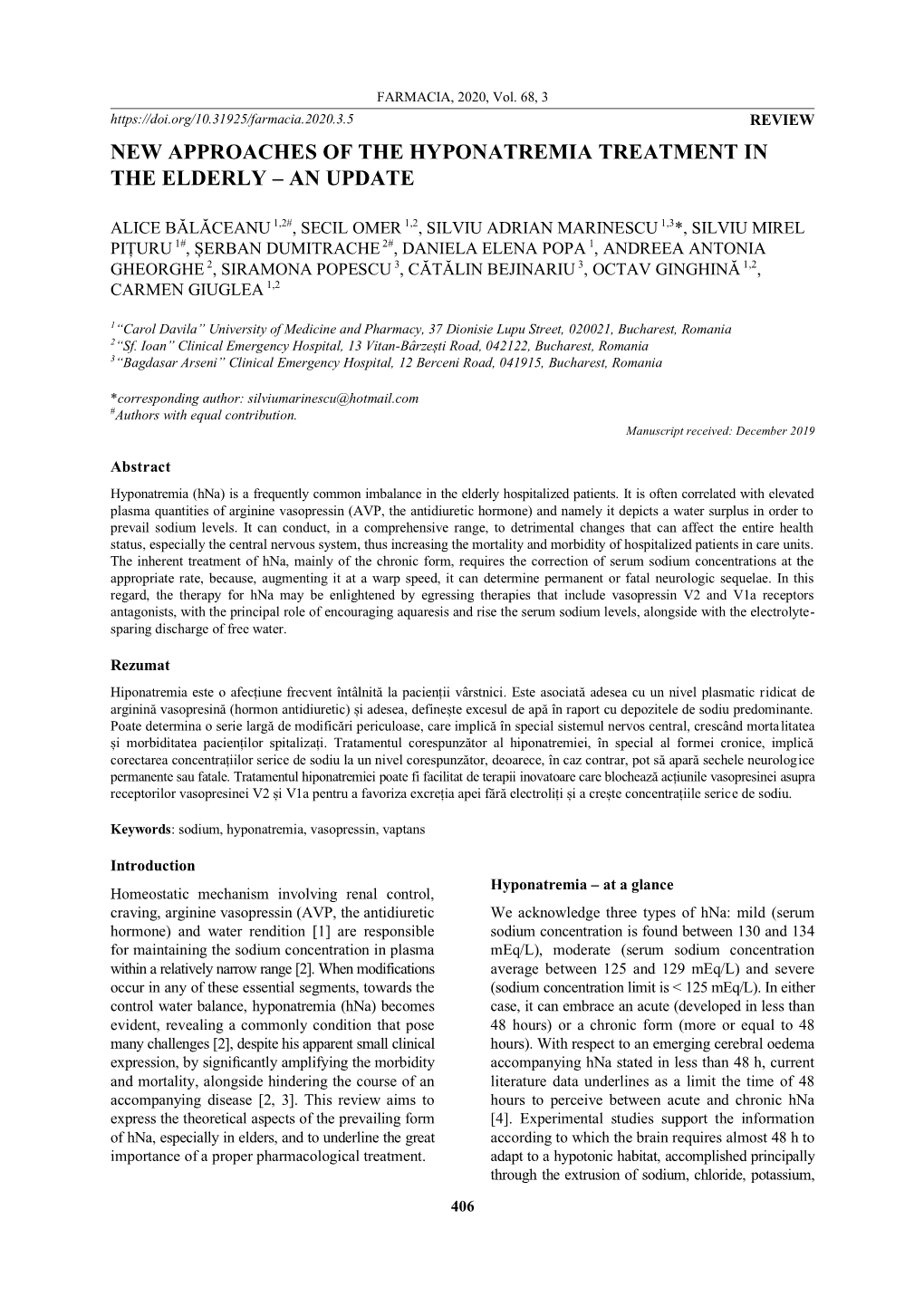 New Approaches of the Hyponatremia Treatment in the Elderly – an Update