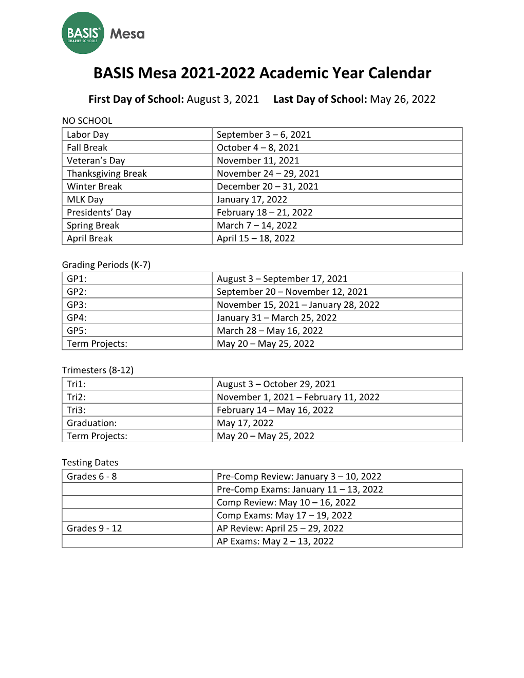 BASIS Mesa 2021-2022 Academic Year Calendar