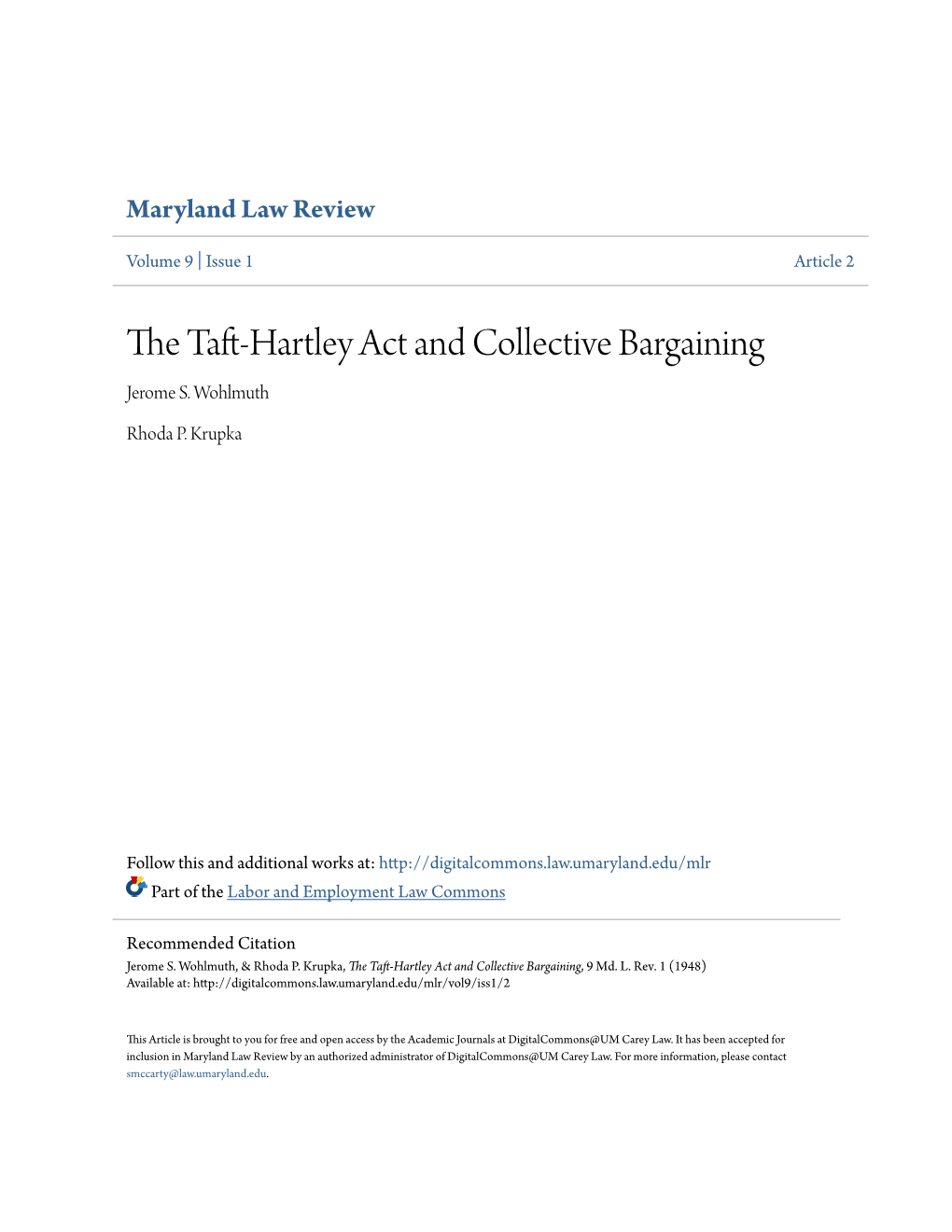 The Taft-Hartley Act and Collective Bargaining, 9 Md