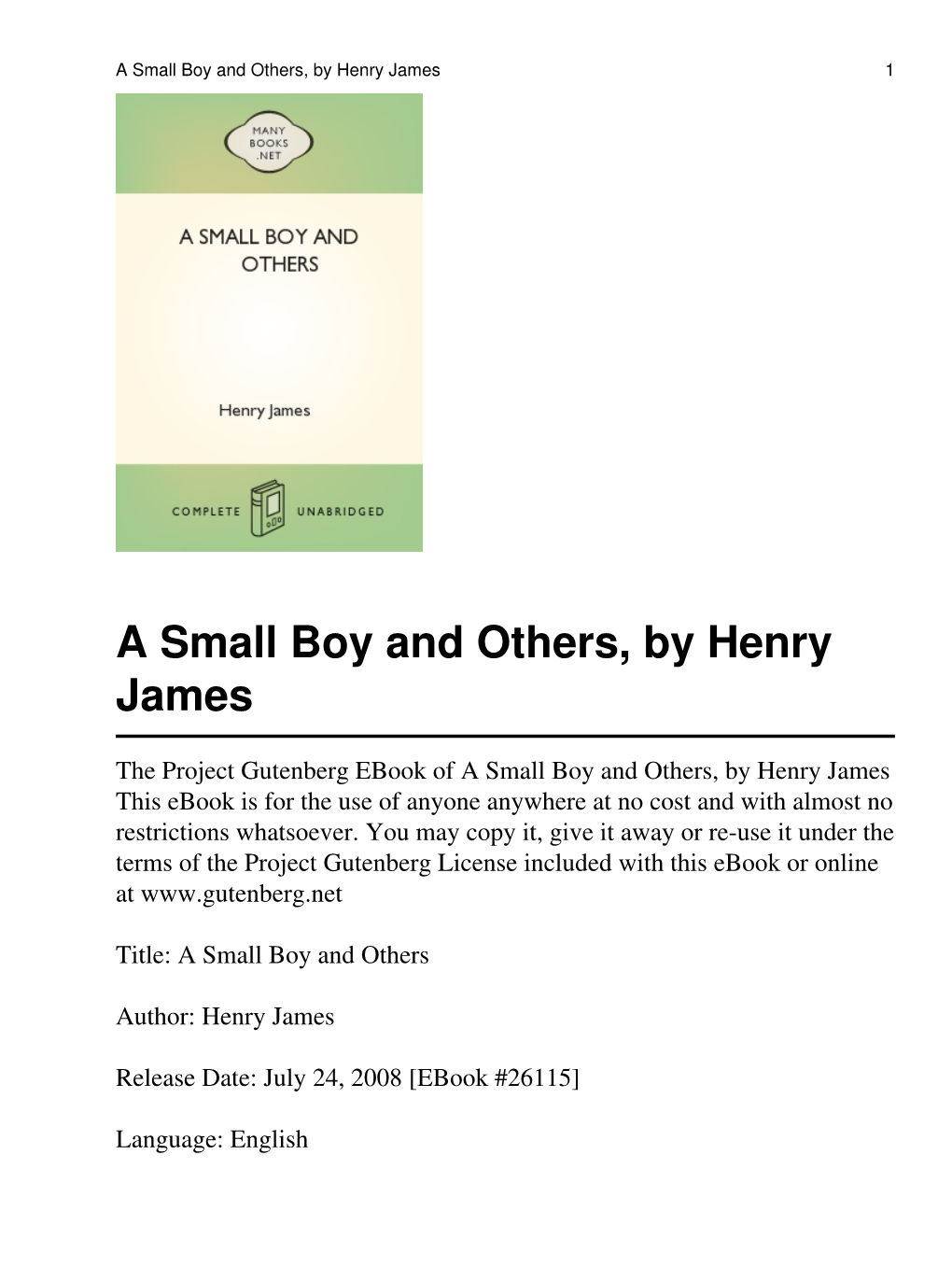 A Small Boy and Others, by Henry James 1