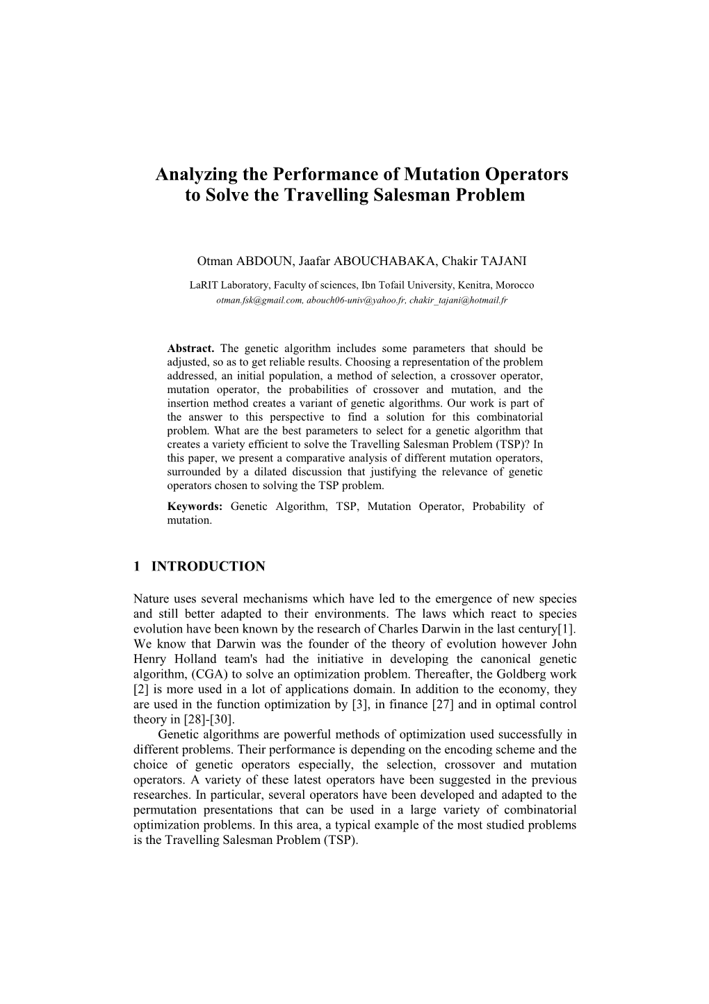 Analyzing the Performance of Mutation Operators to Solve the Travelling Salesman Problem