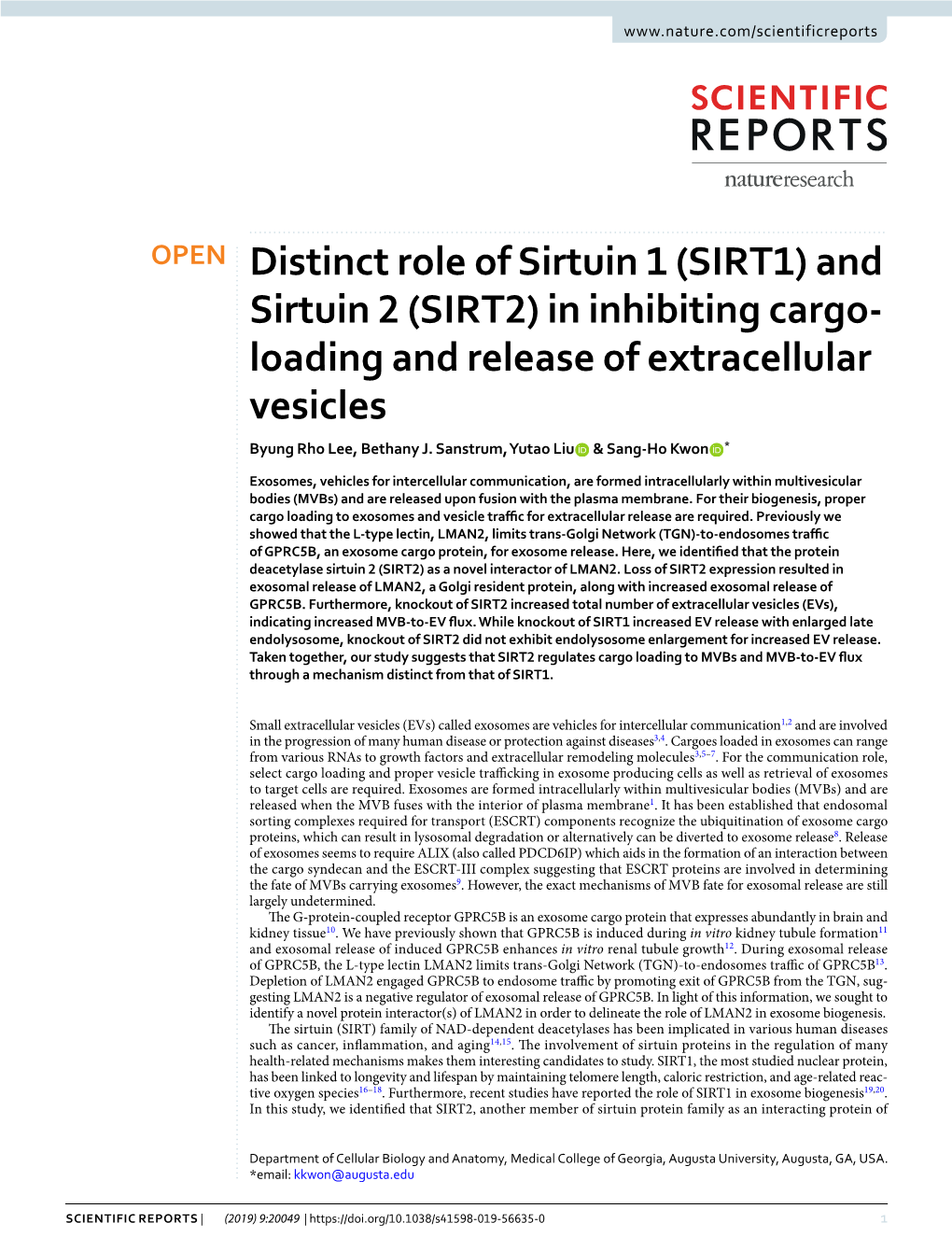 And Sirtuin 2 (SIRT2) in Inhibiting Cargo- Loading and Release of Extracellular Vesicles Byung Rho Lee, Bethany J