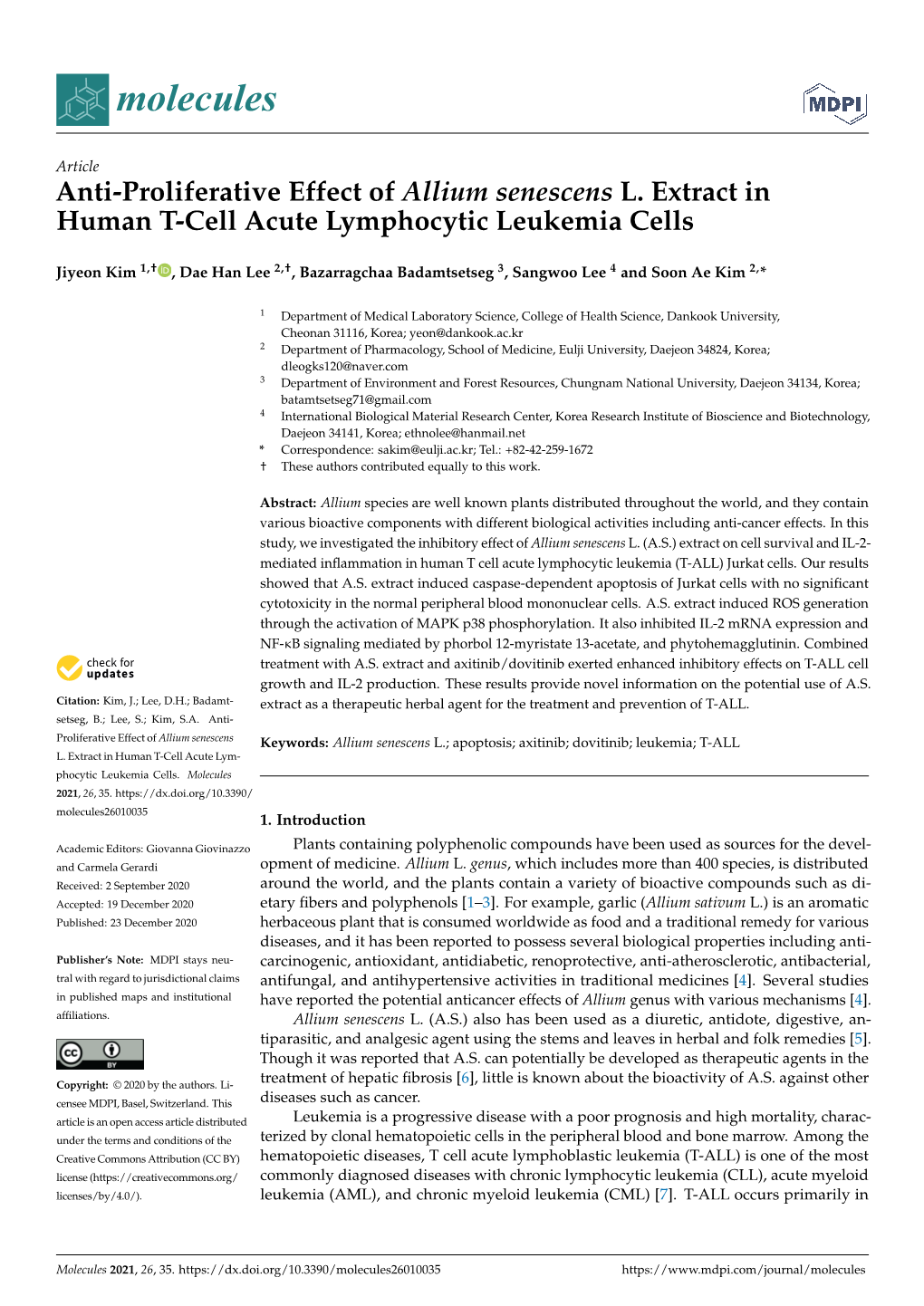 Anti-Proliferative Effect of Allium Senescens L. Extract in Human T-Cell Acute Lymphocytic Leukemia Cells