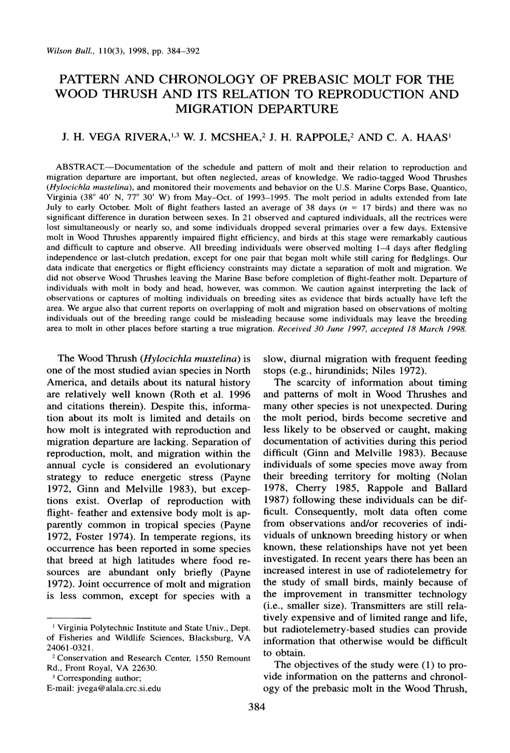 Pattern and Chronology of Prebasic Molt for the Wood Thrush and Its Relation to Reproduction and Migration Departure