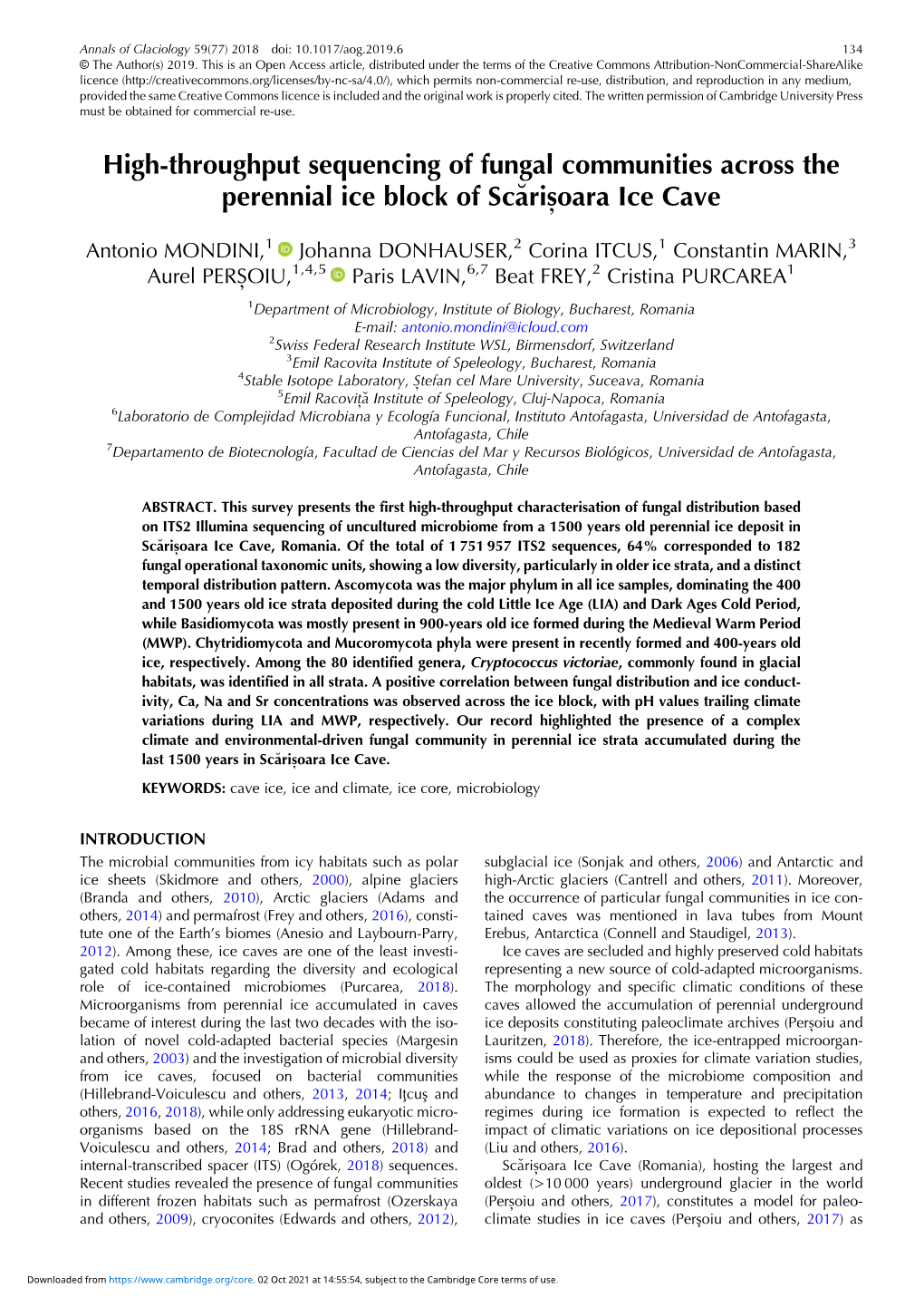 High-Throughput Sequencing of Fungal Communities Across the Perennial Ice Block of Scărisoara̦ Ice Cave