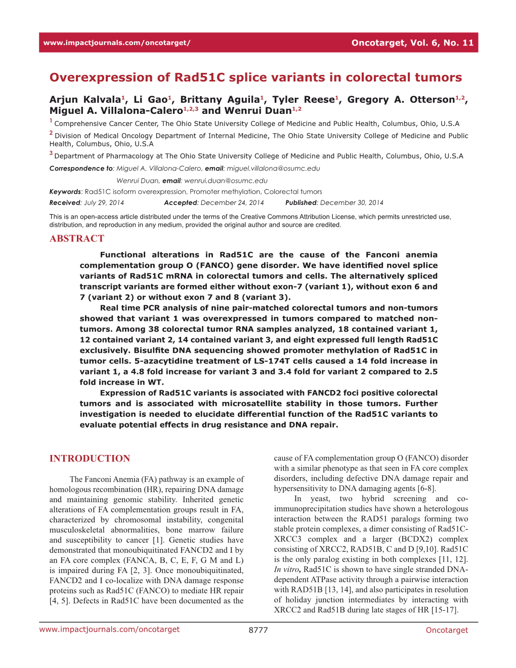 Overexpression of Rad51c Splice Variants in Colorectal Tumors