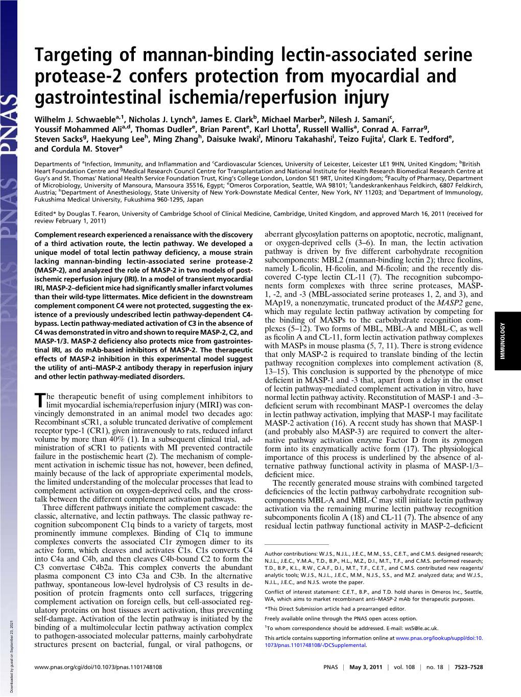 Targeting of Mannan-Binding Lectin-Associated Serine Protease-2 Confers Protection from Myocardial and Gastrointestinal Ischemia/Reperfusion Injury