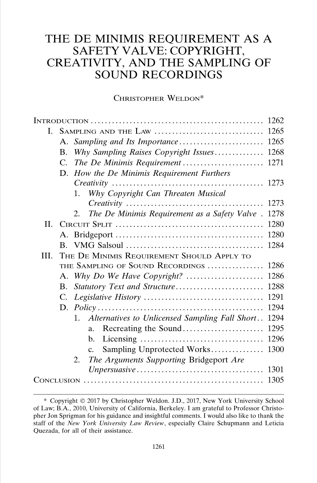 The De Minimis Requirement As a Safety Valve: Copyright, Creativity, and the Sampling of Sound Recordings