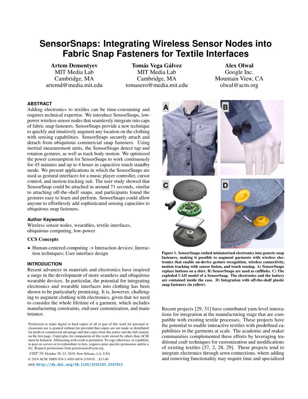 Sensorsnaps: Integrating Wireless Sensor Nodes Into Fabric Snap Fasteners for Textile Interfaces. Proc of UIST'19