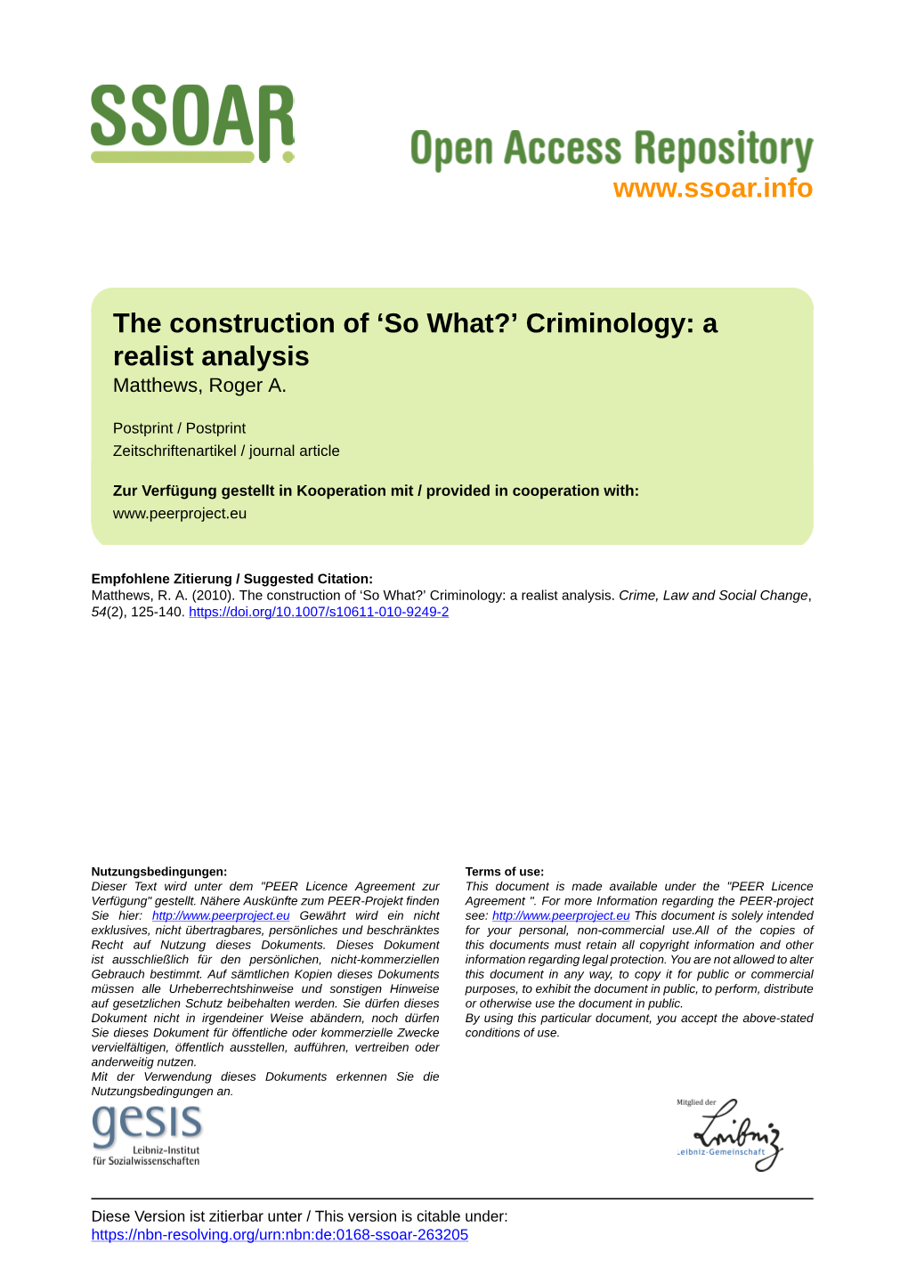 Criminology: a Realist Analysis Matthews, Roger A