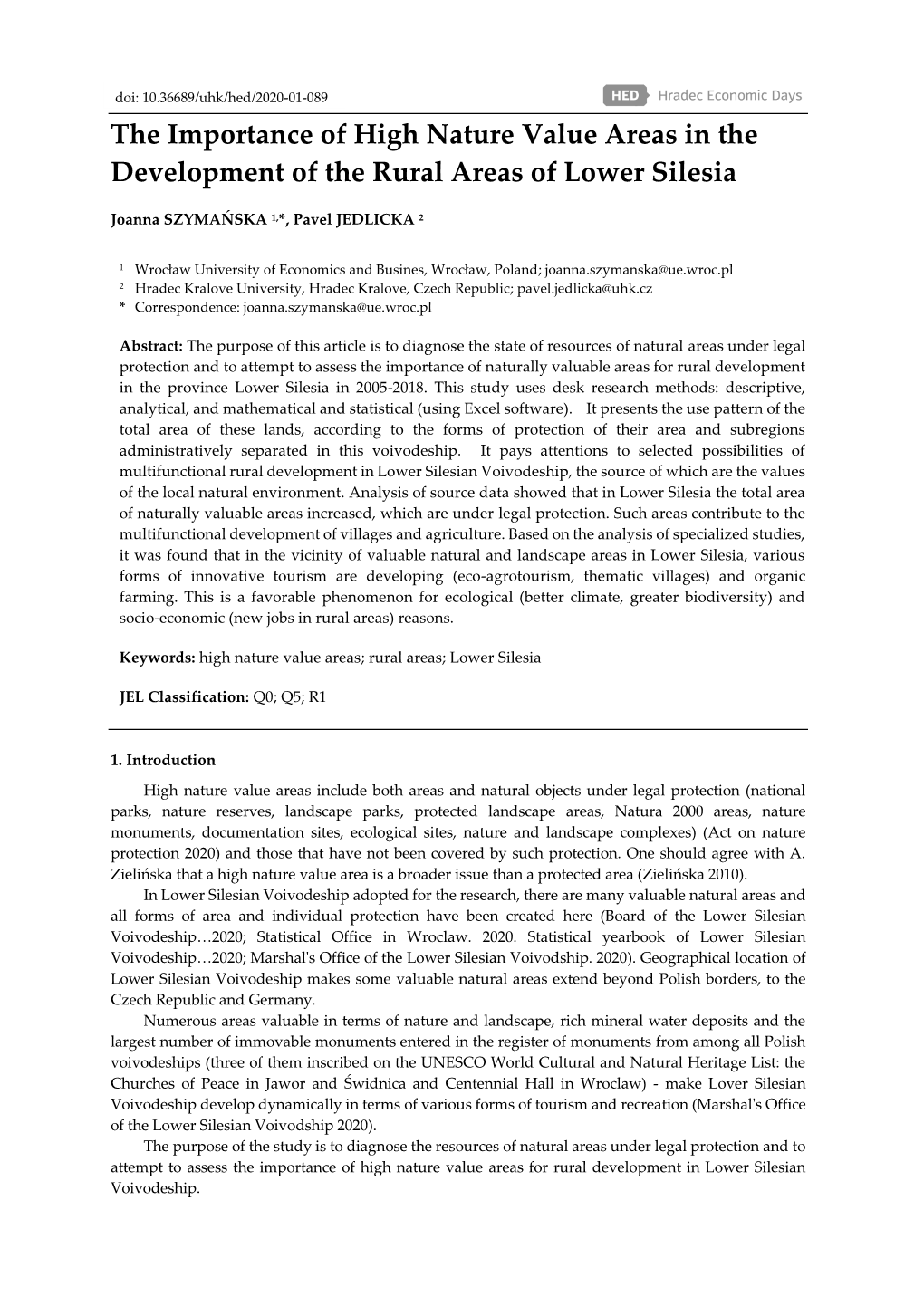 The Importance of High Nature Value Areas in the Development of the Rural Areas of Lower Silesia