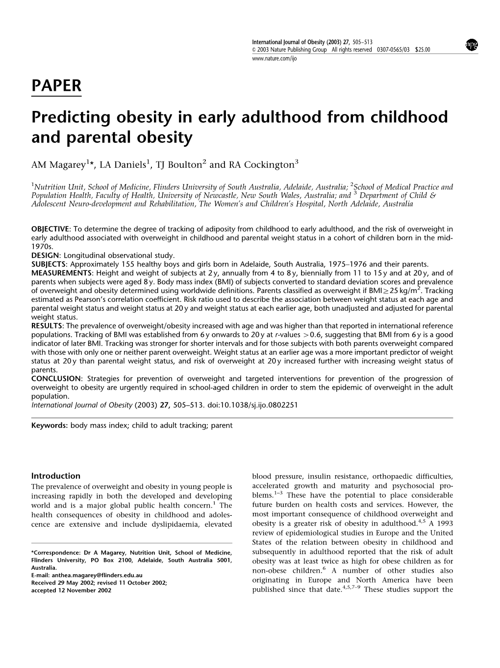 PAPER Predicting Obesity in Early Adulthood from Childhood and Parental Obesity