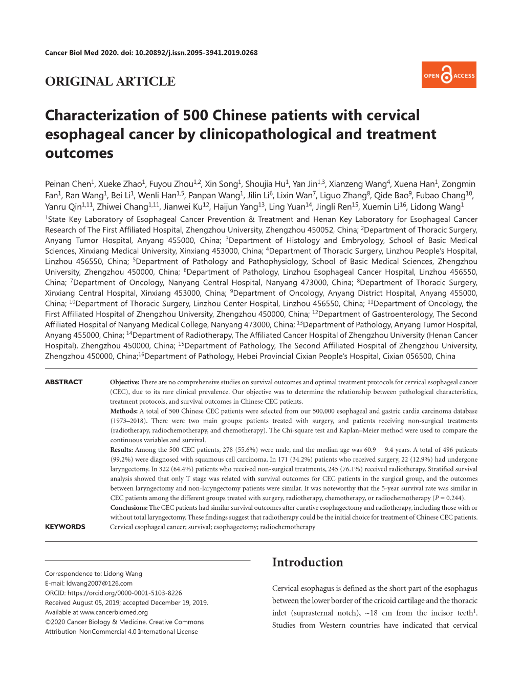 Characterization of 500 Chinese Patients with Cervical Esophageal Cancer by Clinicopathological and Treatment Outcomes