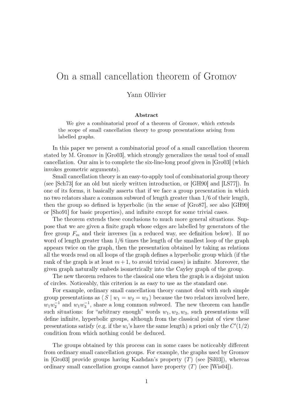 On a Small Cancellation Theorem of Gromov