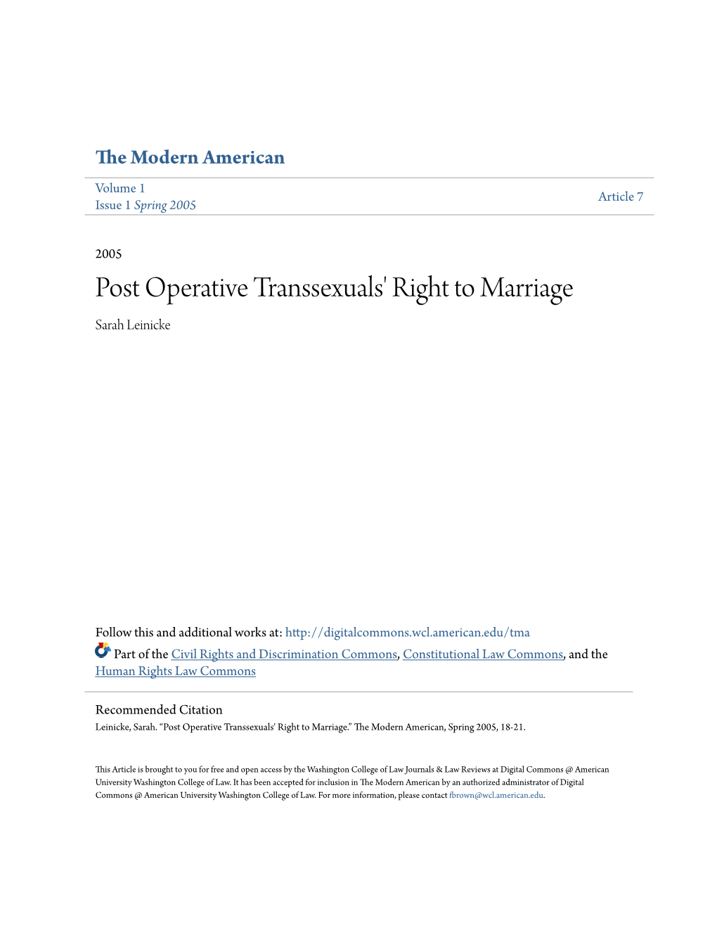 Post Operative Transsexuals' Right to Marriage Sarah Leinicke