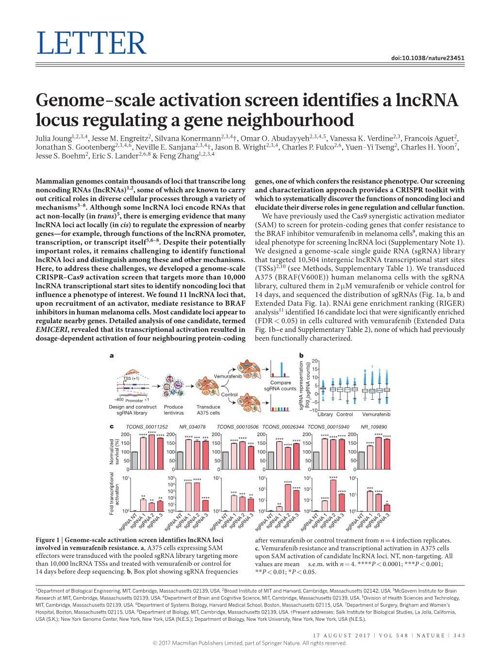 Genome-Scale Activation Screen Identifies a Lncrna Locus Regulating a Gene Neighbourhood Julia Joung1,2,3,4, Jesse M