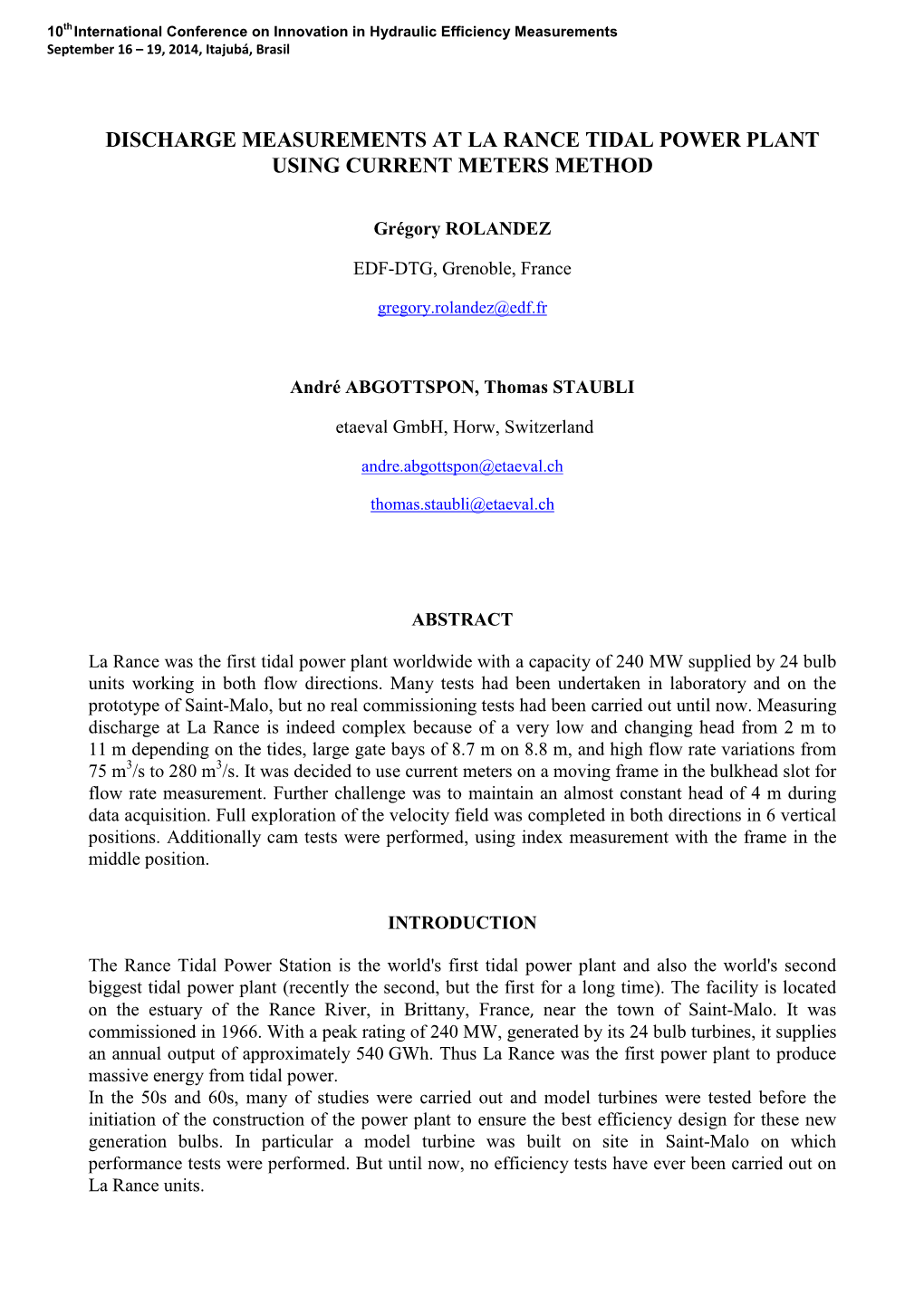 Discharge Measurements at La Rance Tidal Power Plant Using Current Meters Method