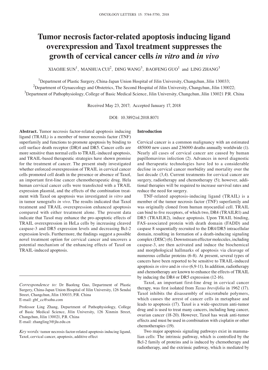 Tumor Necrosis Factor-Related Apoptosis Inducing Ligand Overexpression and Taxol Treatment Suppresses the Growth of Cervical Cancer Cells in Vitro and in Vivo