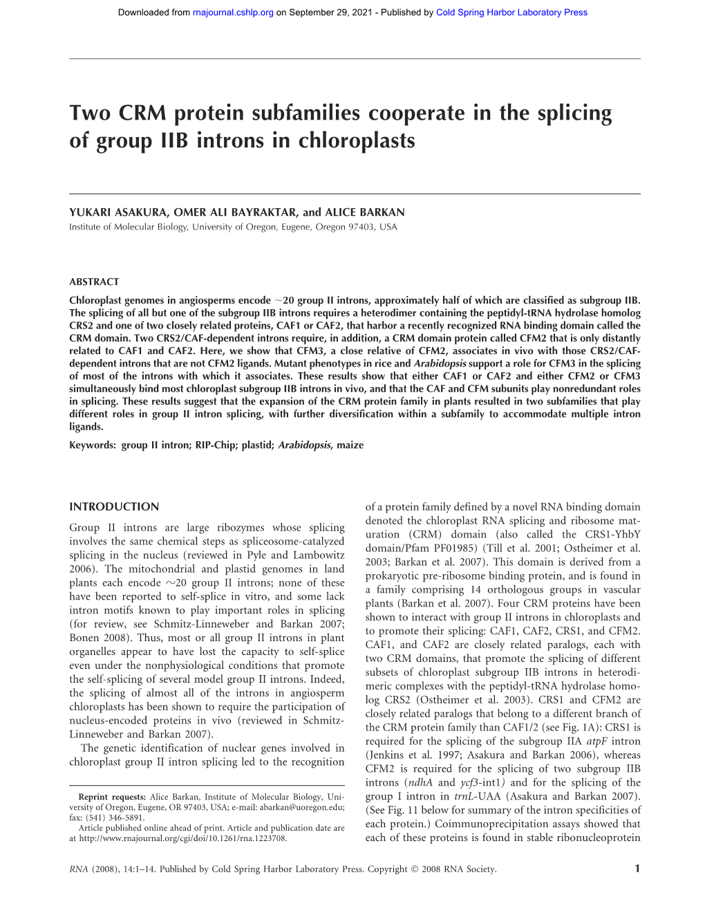 Two CRM Protein Subfamilies Cooperate in the Splicing of Group IIB Introns in Chloroplasts