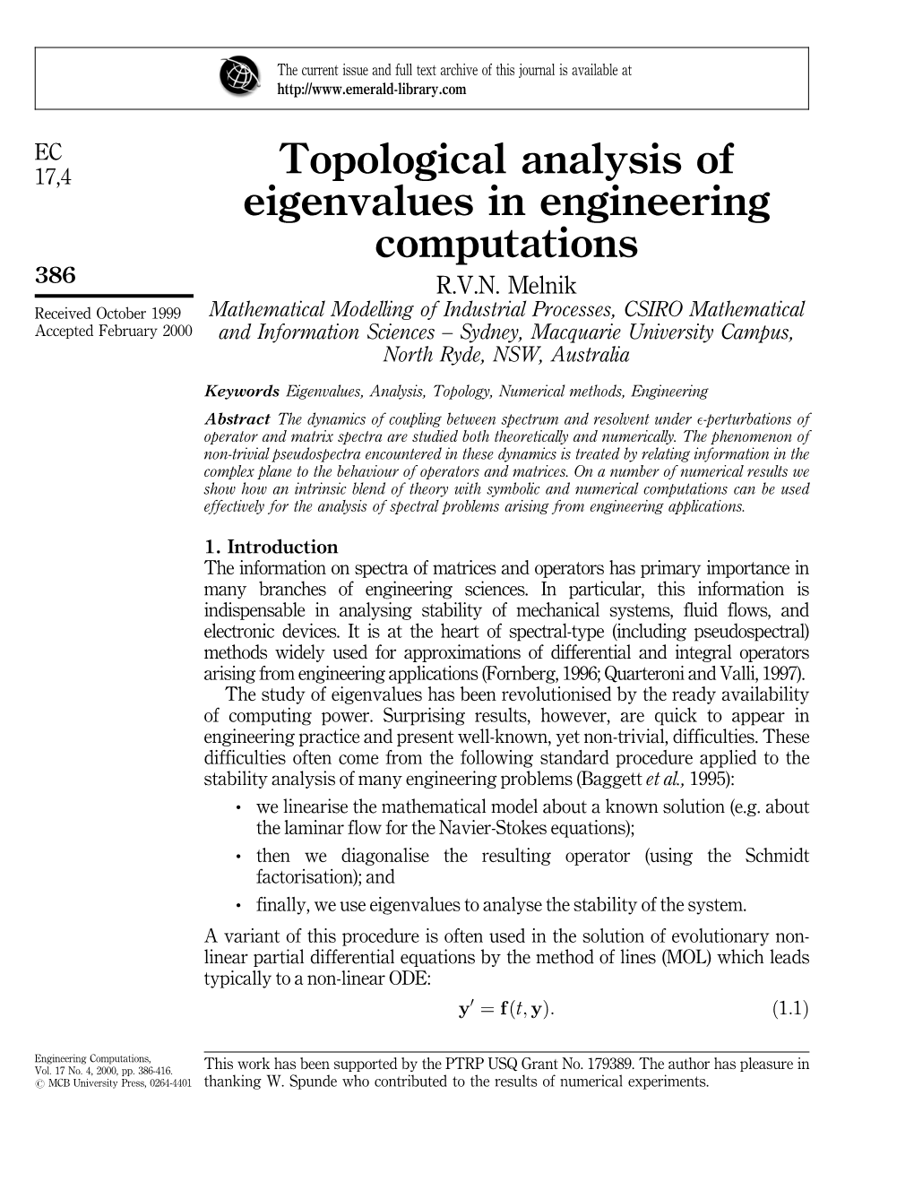 Topological Analysis of Eigenvalues in Engineering Computations 386 R.V.N