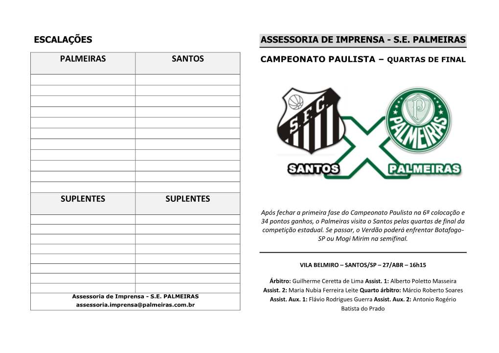 Palmeiras Santos Suplentes Suplentes