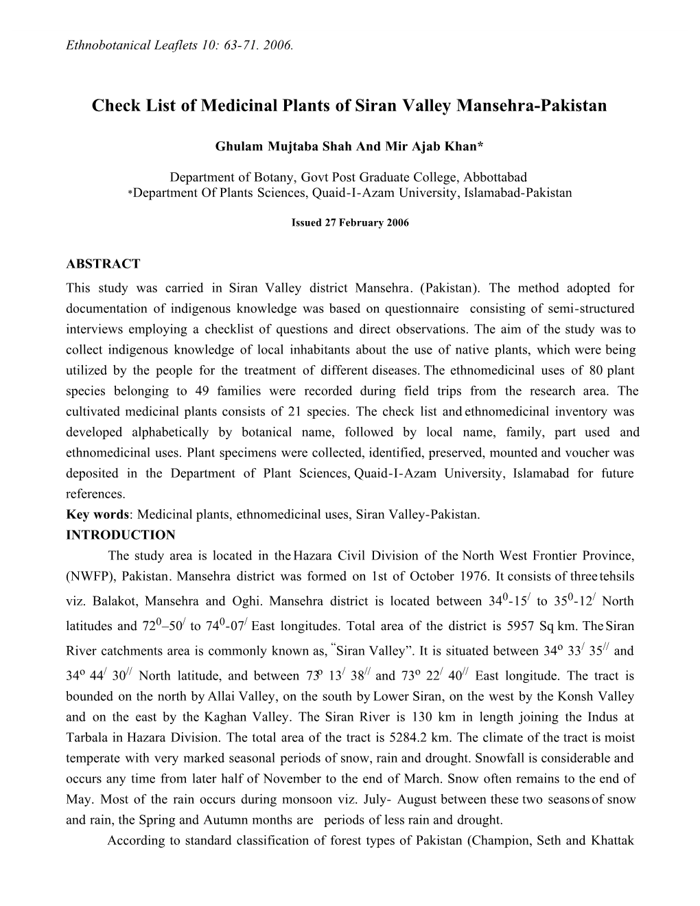 Checklist of Medicinal Plants of Siran Valley, Mansehra, Pakistan