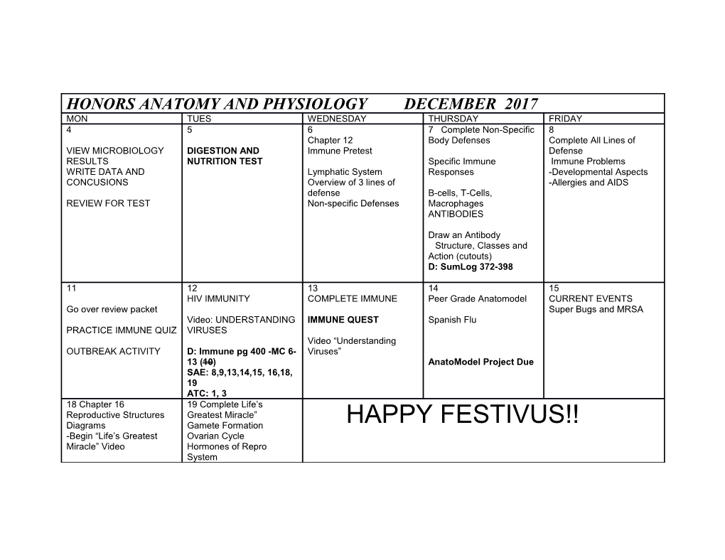 Honors Anatomy and Physiology December 2017