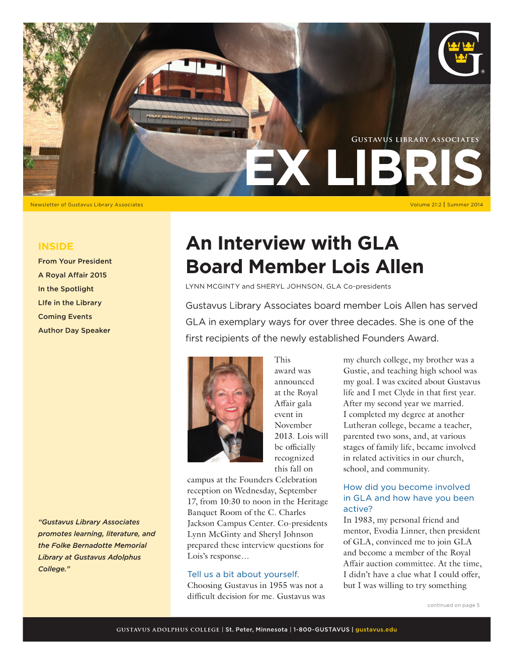 EX LIBRIS Newsletter of Gustavus Library Associates Volume 21:2 | Summer 2014
