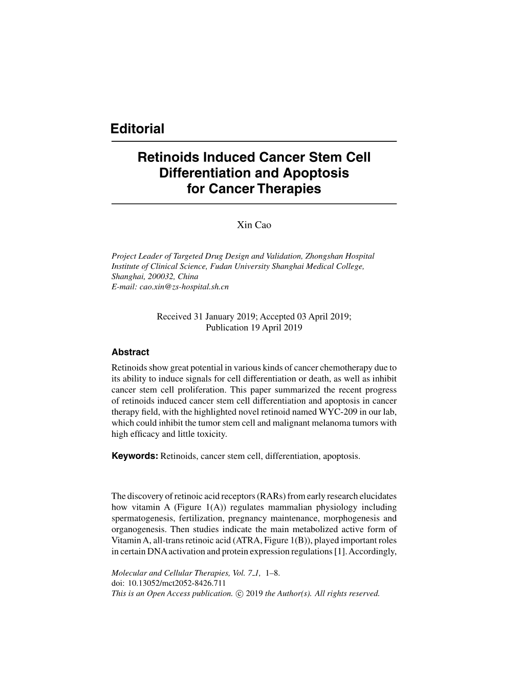 Editorial Retinoids Induced Cancer Stem Cell Differentiation And