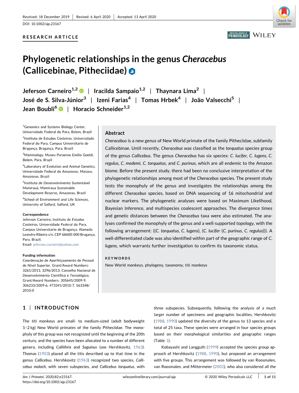 Phylogenetic Relationships in the Genus Cheracebus (Callicebinae, Pitheciidae)