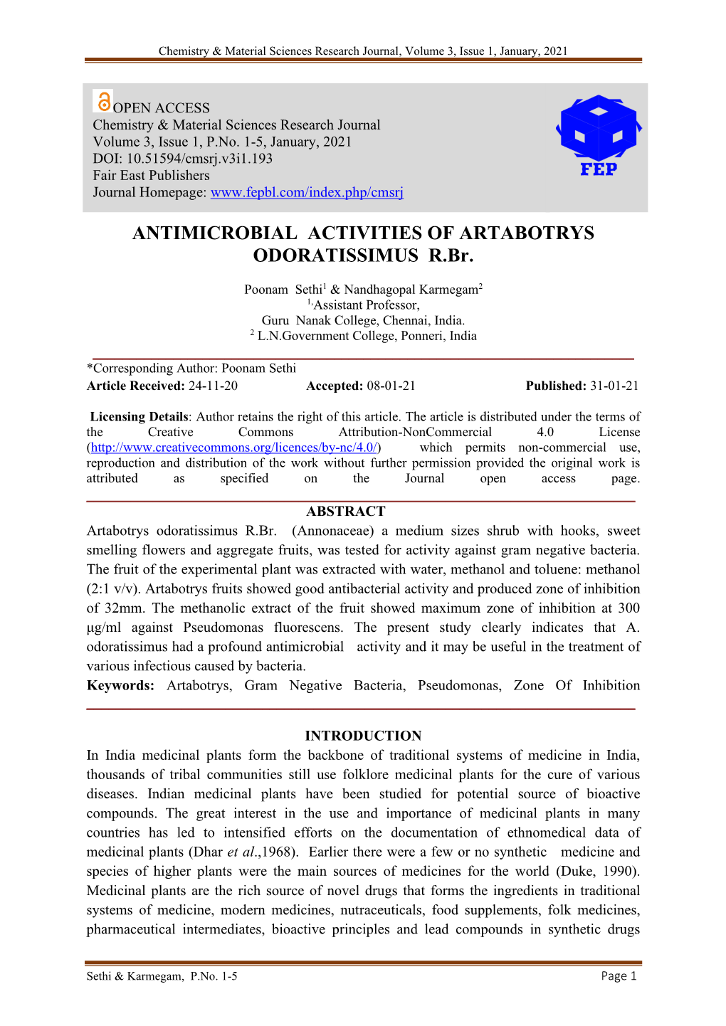 ANTIMICROBIAL ACTIVITIES of ARTABOTRYS ODORATISSIMUS R.Br