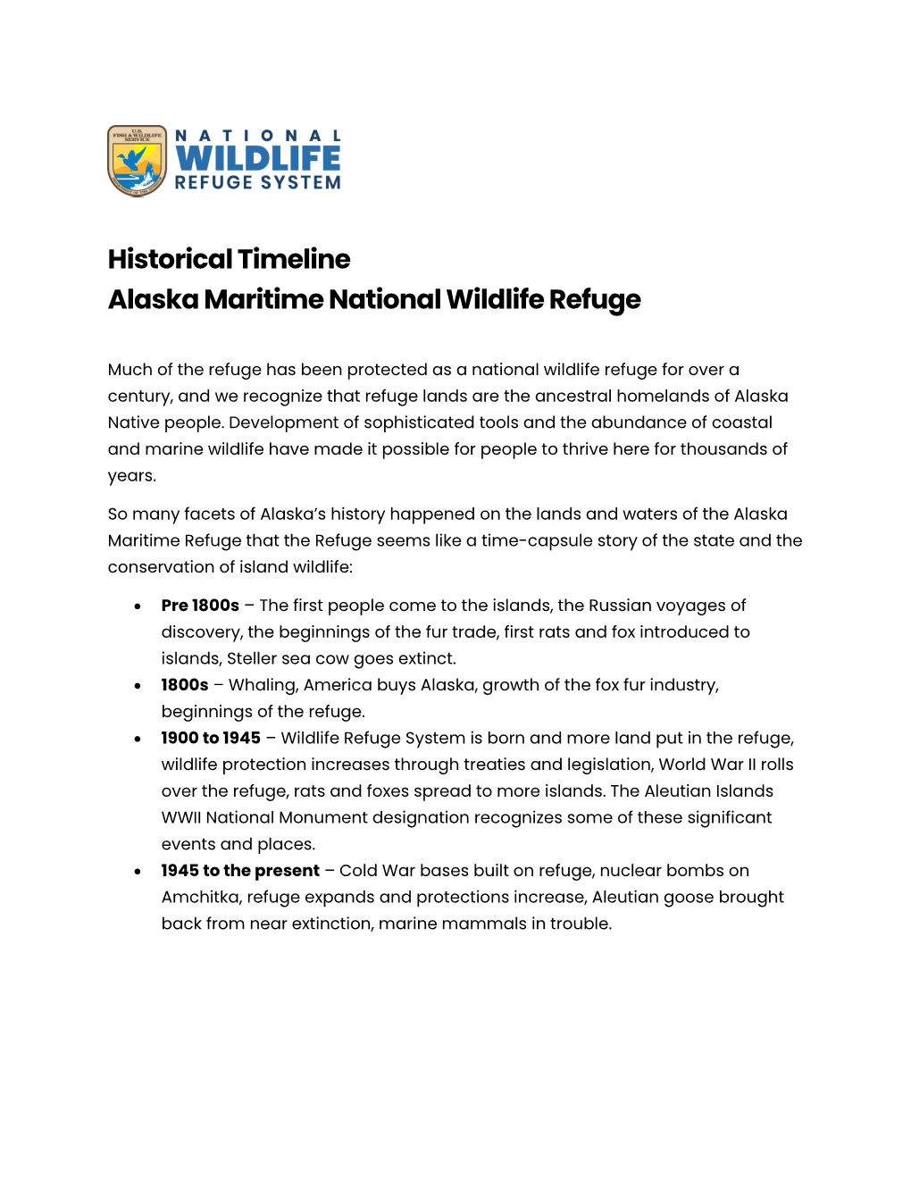 Historical Timeline for Alaska Maritime National Wildlife Refuge