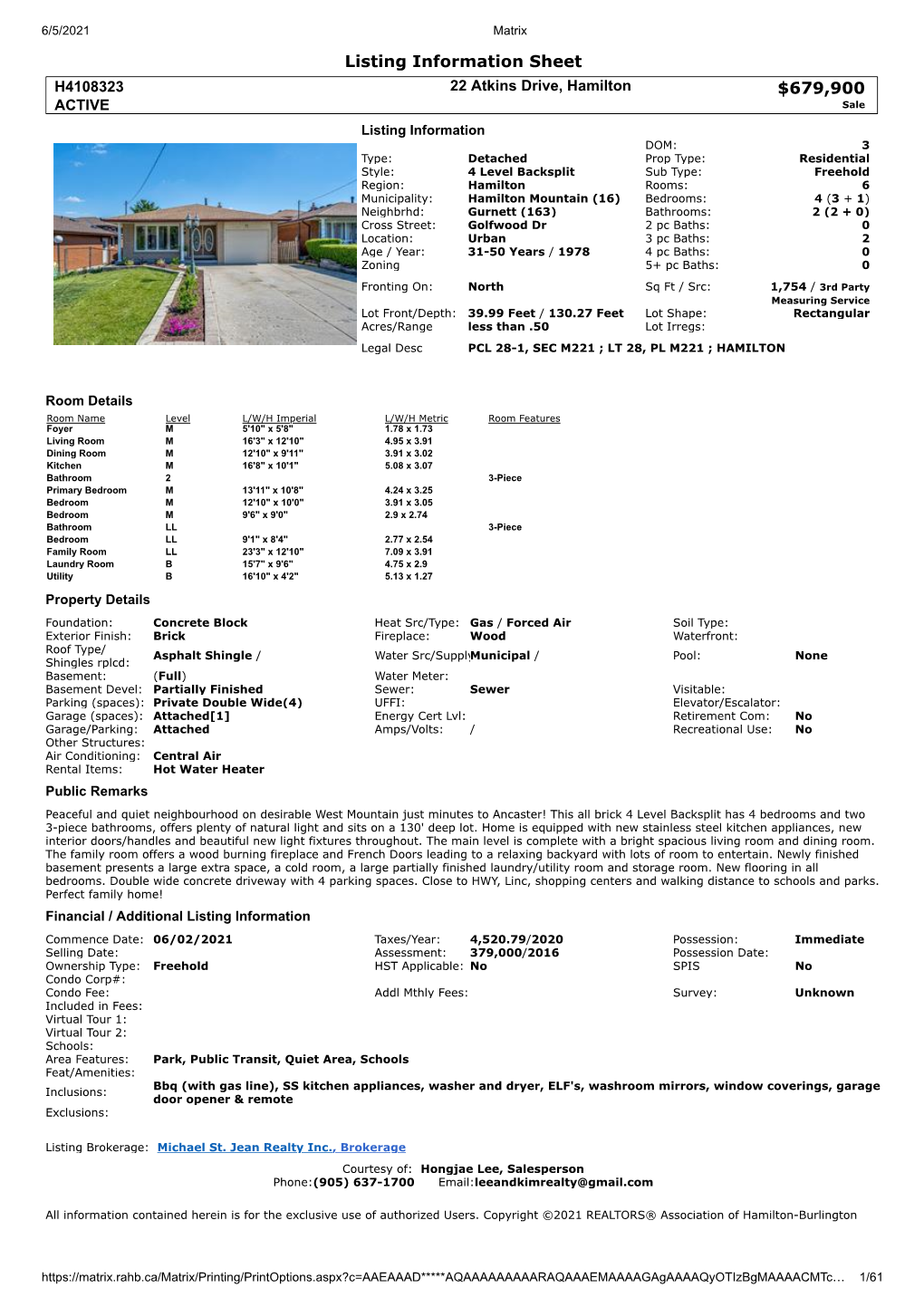 Listing Information Sheet $679,900