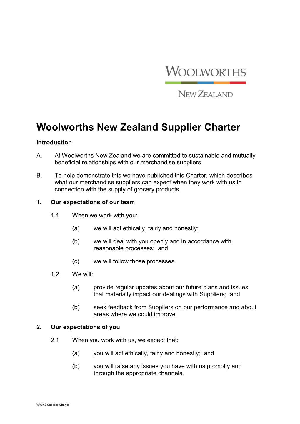 Woolworths New Zealand Supplier Charter