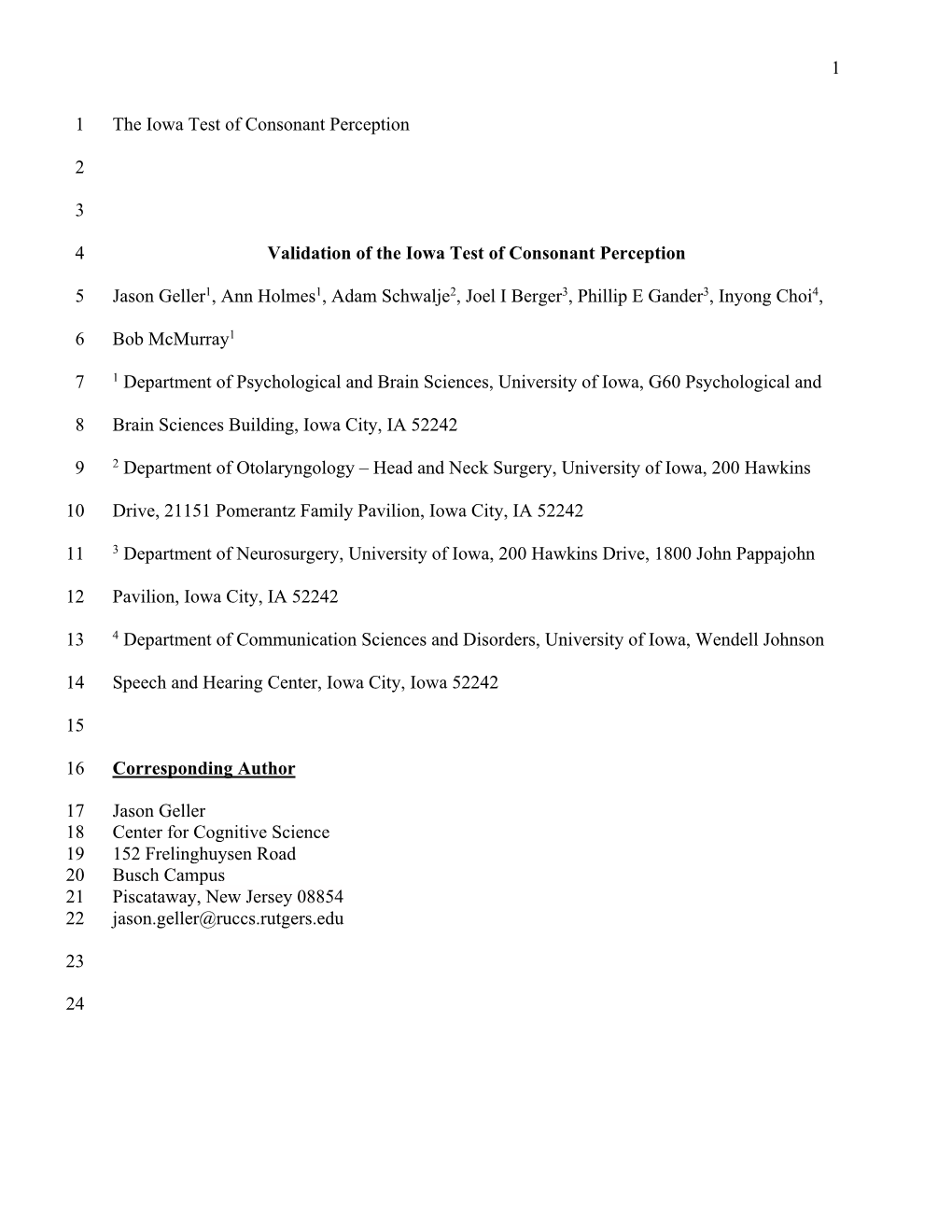 1 the Iowa Test of Consonant Perception 1 2 3 Validation of The