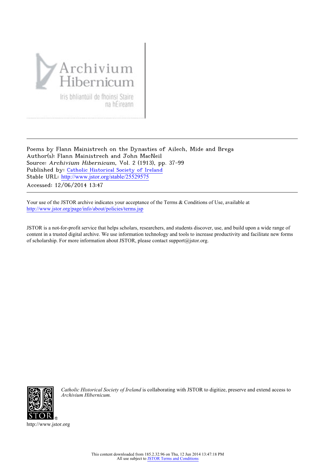 Poems by Flann Mainistrech on the Dynasties of Ailech, Mide and Brega Author(S): Flann Mainistrech and John Macneil Source: Archivium Hibernicum, Vol