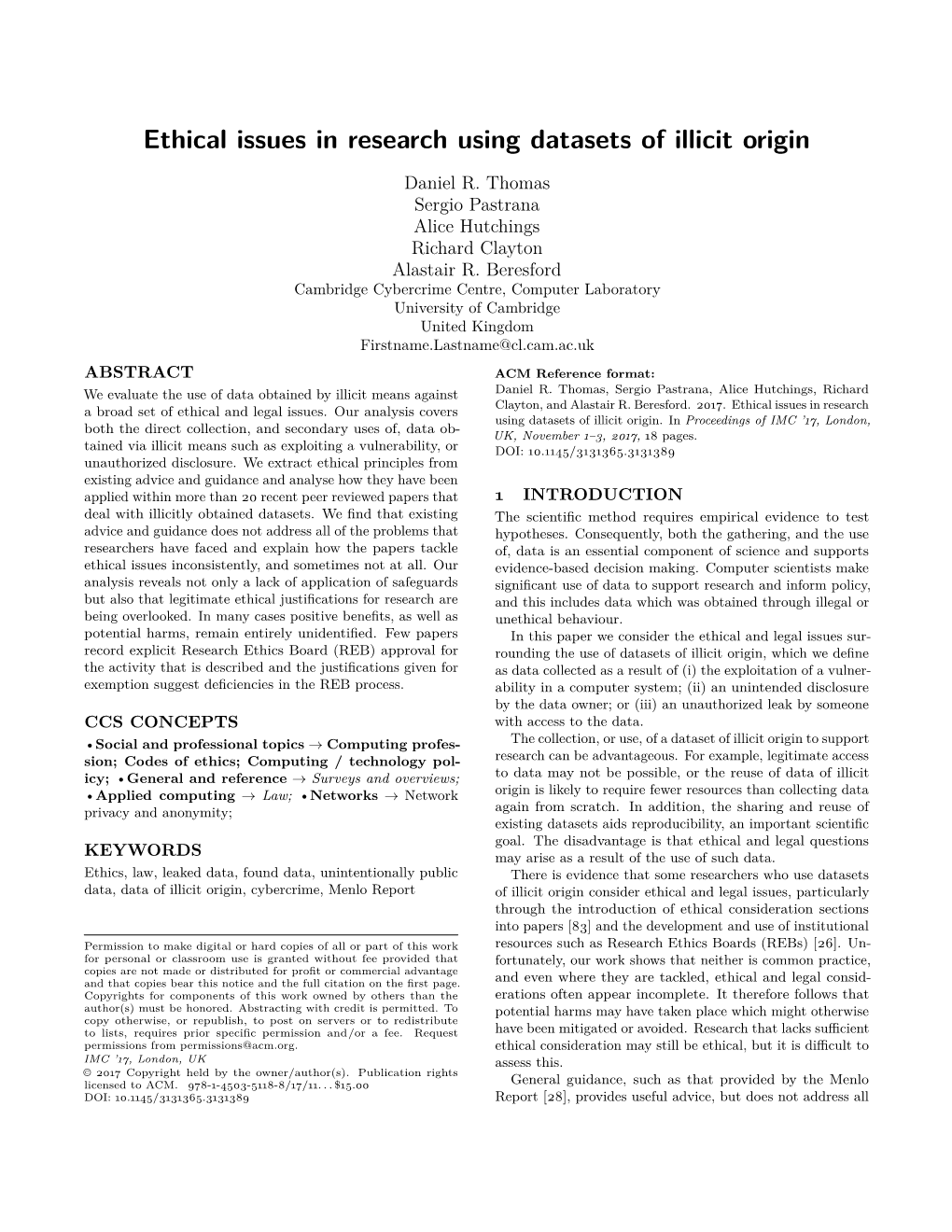 Ethical Issues in Research Using Datasets of Illicit Origin