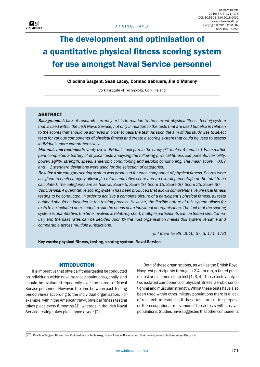 The Development and Optimisation of a Quantitative Physical Fitness Scoring System for Use Amongst Naval Service Personnel