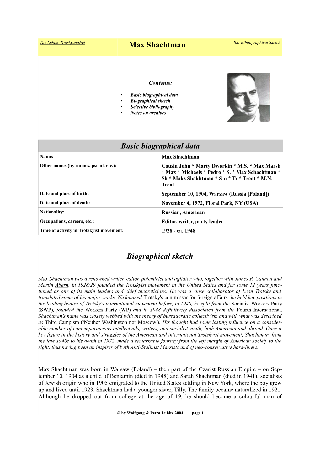 Bio-Bibliographical Sketch of Max Shachtman