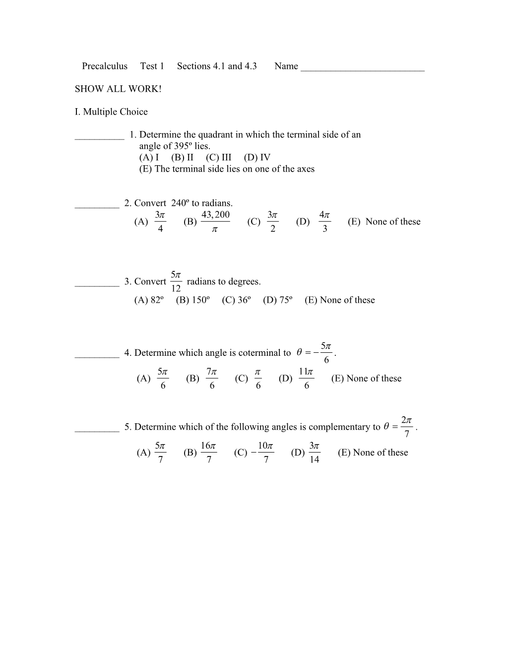 Precalculus Quiz 1 Section 4