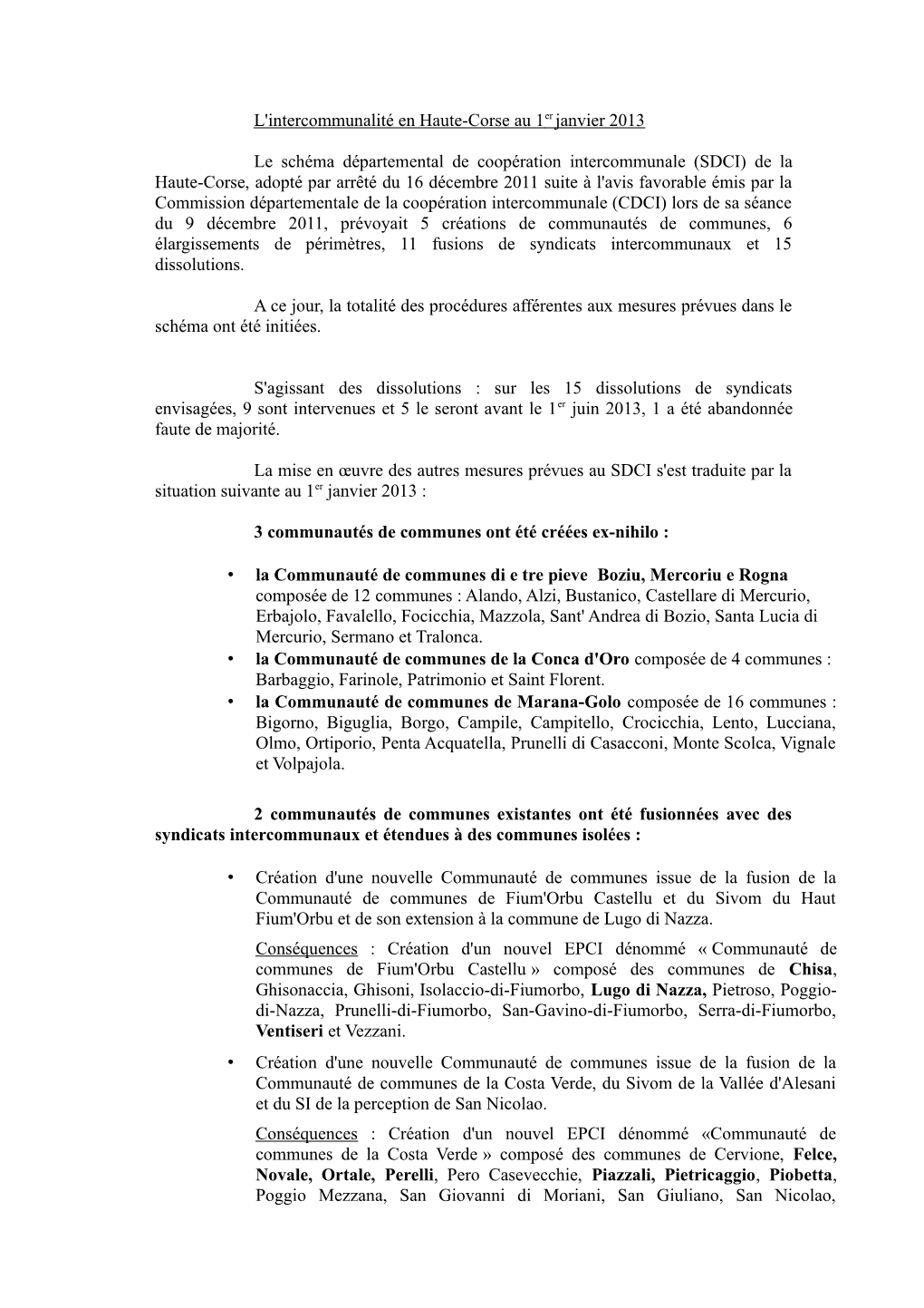 L'intercommunalité En Haute-Corse Au 1Er Janvier 2013 Le Schéma Départemental De Coopération Intercommunale (SDCI) De La